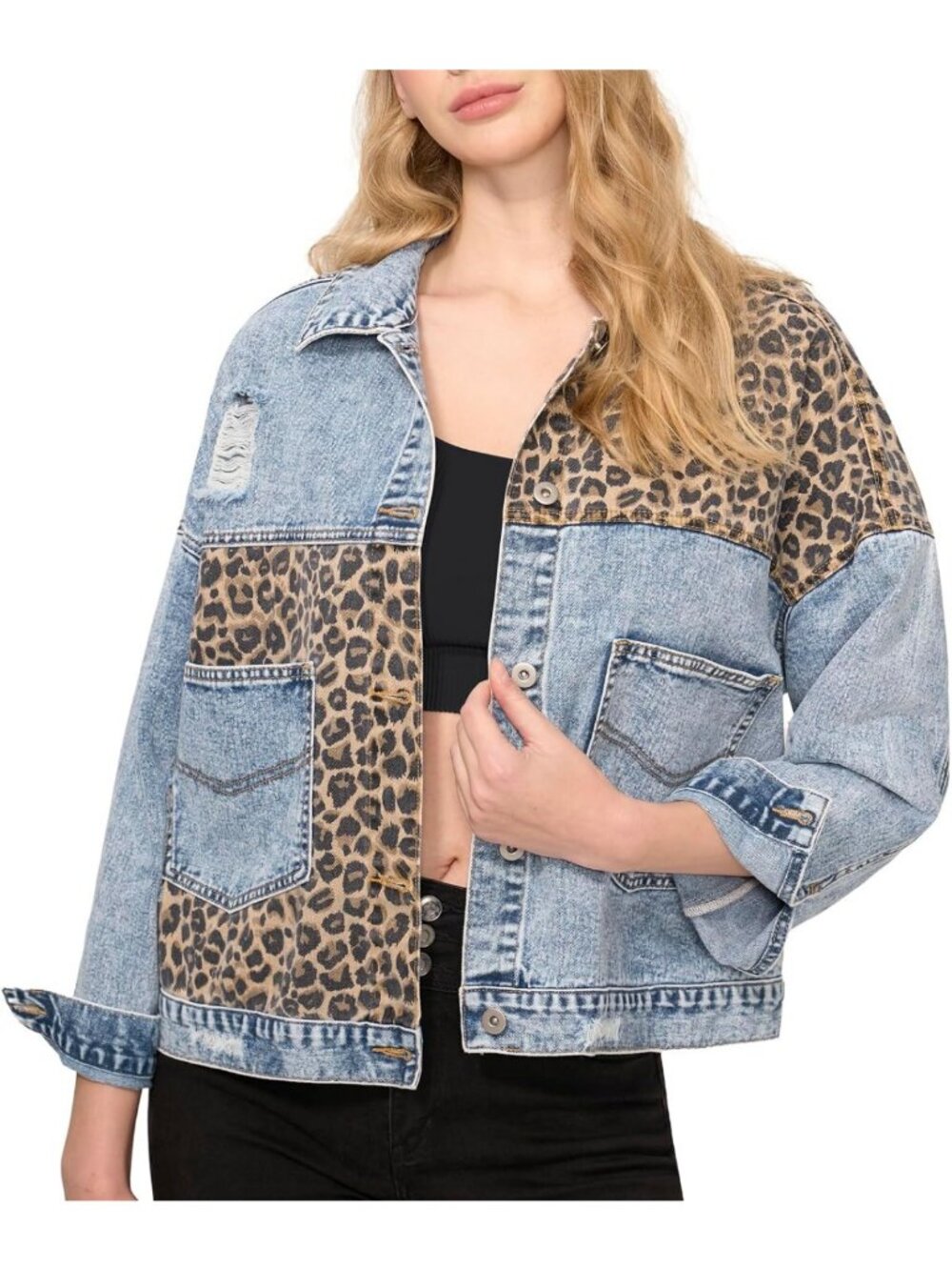 Trendy Distressed Leopard Denim Jacket for Women, Cropped Long Sleeve Coat